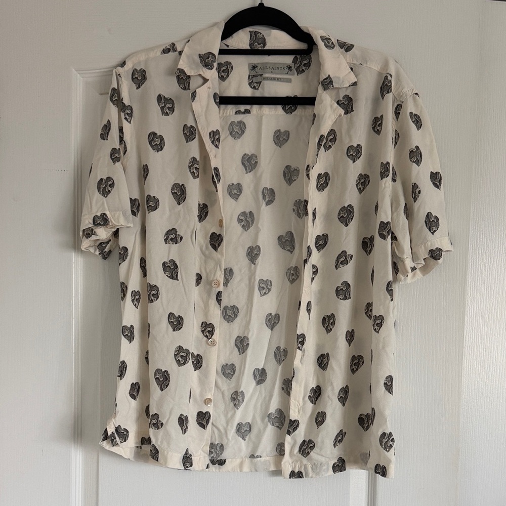 All Saints Cream and Black Heart Pattern Shirt